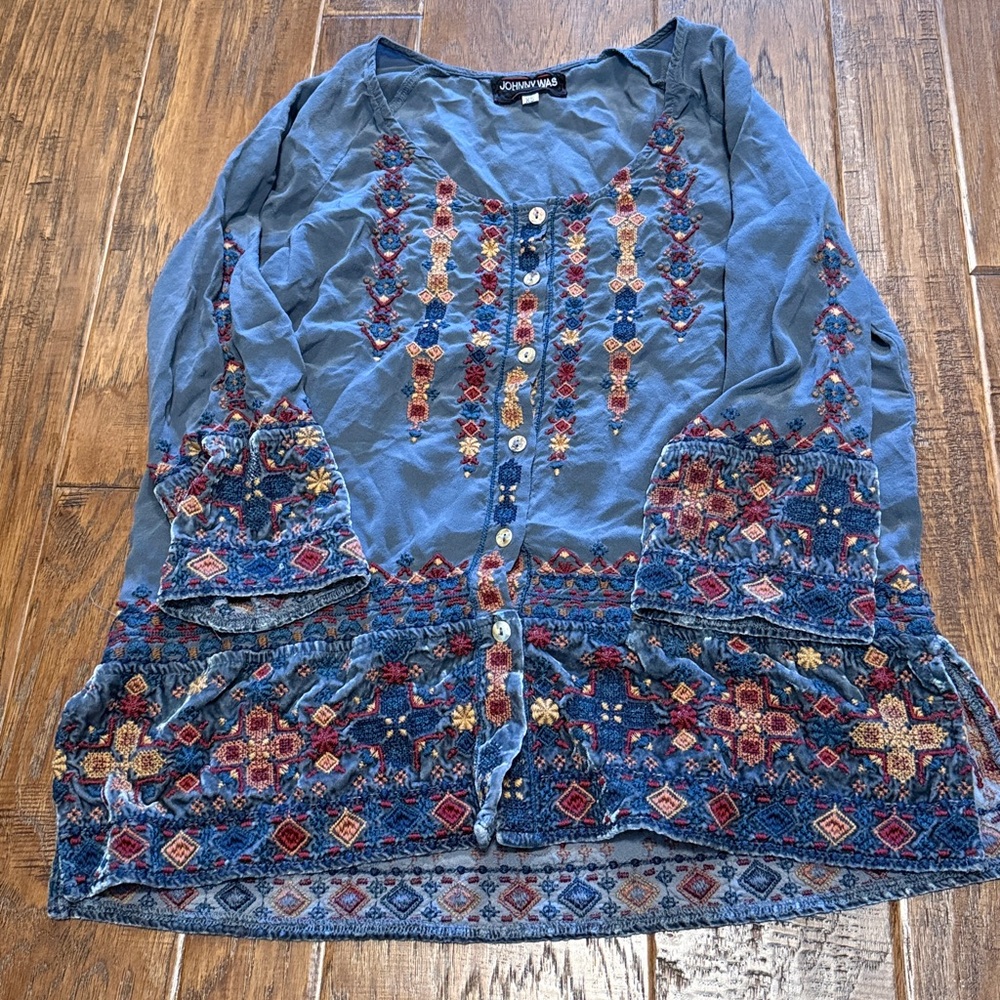 Johnny Was Blue Embroidered Button Down Shirt